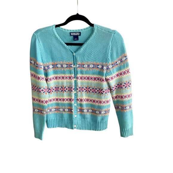 Lands' End Fair Isle Colorful 100% Cotton Cardigan Sweater Size Medium - Picture 1 of 8